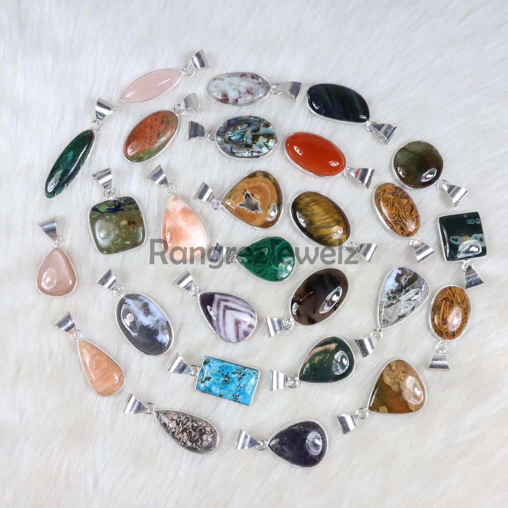Mix Gemstone Pendant Sterling Silver Pendant Cabochon Pendant Necklace Bezel Pendant Tiny Pendant Natural Gemstone Jewelry Necklace