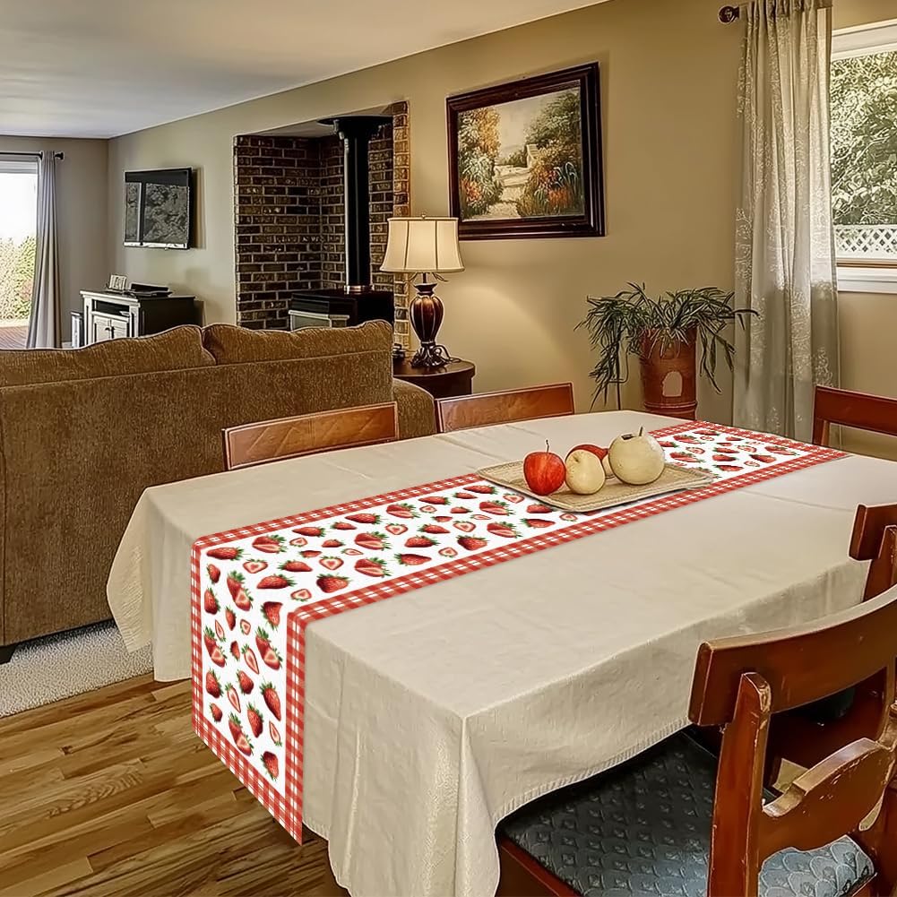 WADORN Strawberry Table Runner, 13x72 Inch Buffalo Plaid Check Fruit Kitchen Dining Table Decoration Spring Summer Seasonal Farmhouse Table Runners