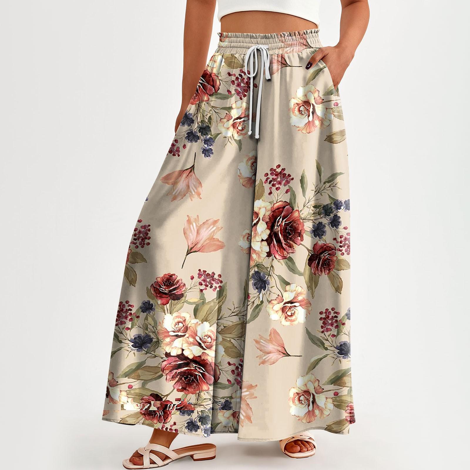 

Женские брюки с высокой талией, широкие, повседневные, струящиеся брюки-палаццо, брюки с цветочным принтом и карманом XXXL красный