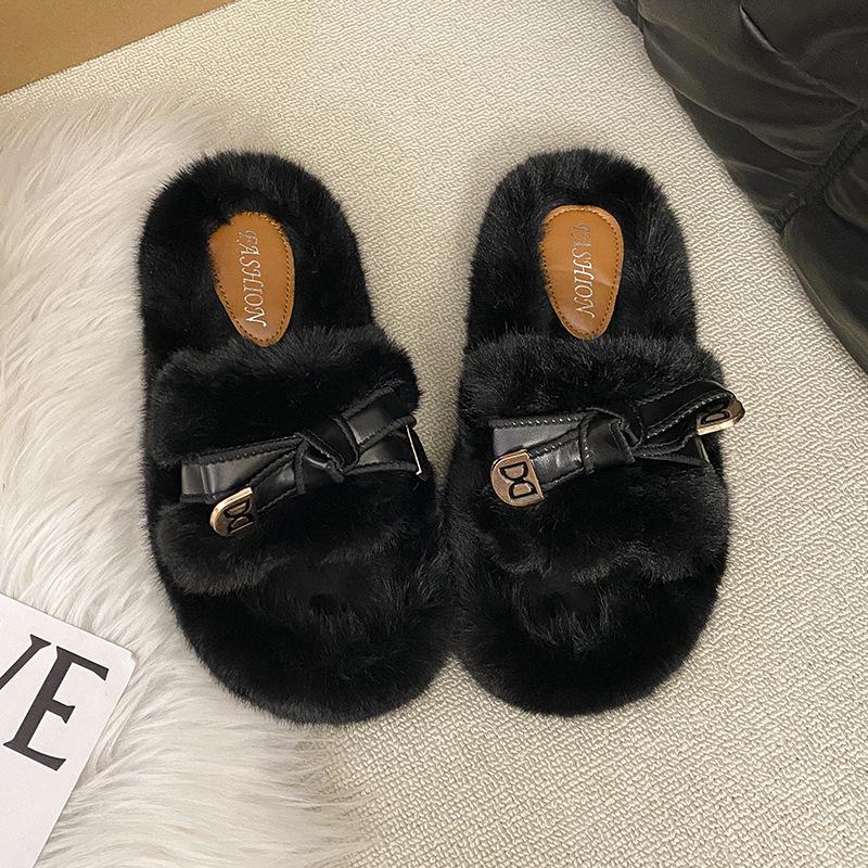 Popular Mao Mao slippers women's outer wear 2025 new autumn and winter thick-bottomed bow household indoor one-word cotton slippers