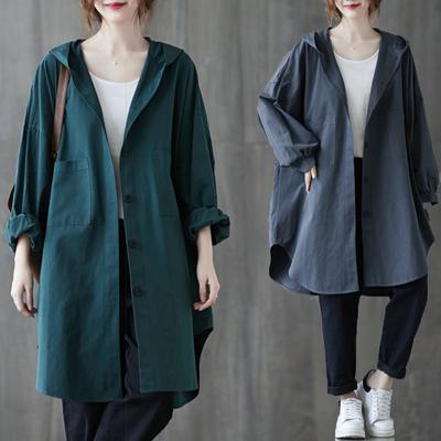 2024 Autumn New Loose Plus Size Hooded Mid-Length Casual Shirt Jacket for Women