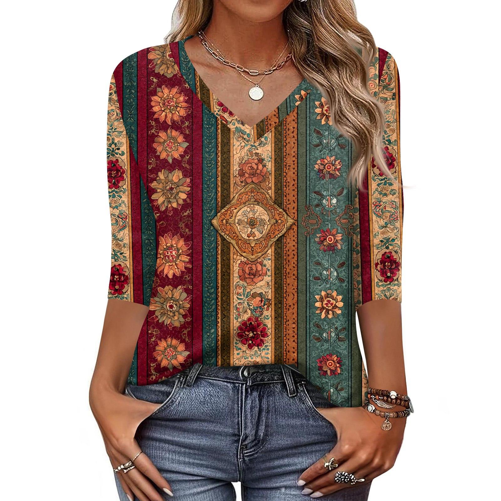 

Женская футболка с принтом, рукав 3/4, повседневная мода на выходные, базовый топ с V-образным вырезом XL винный