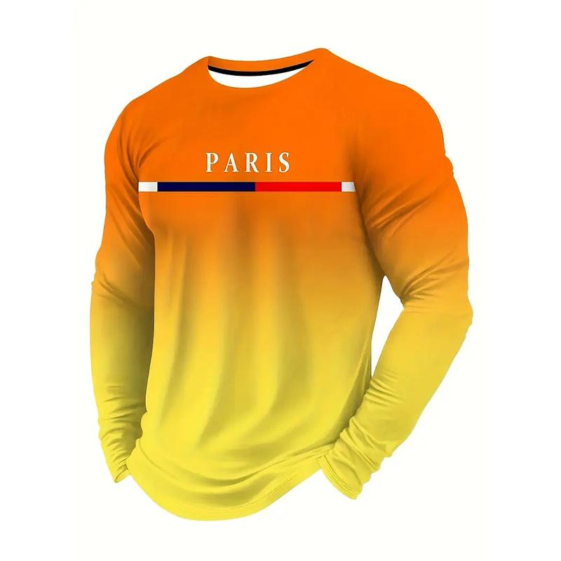 Text Paris France Solid Casual Long Sleeve T-shirt For Men Clothing Sport Fitness Breathable Loose T Shirts Print Gradient Tee