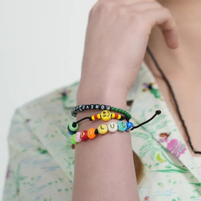 Happy Pop Initial Smile Knot Bracelet Smile Charm Initial Bead Double-Strand Knot Bracelet Thread Bracelet