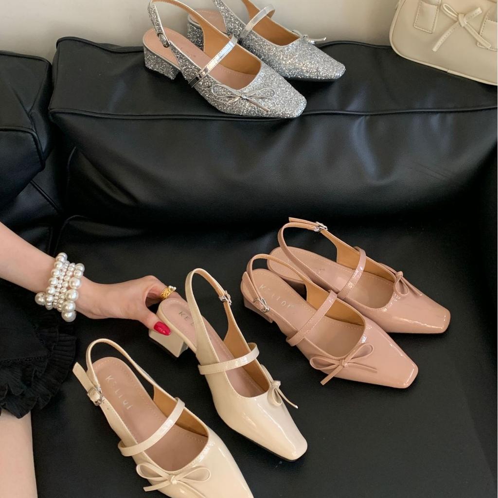2025 New Autumn Square Head Back Empty Bow Thick Heel Shallow Mouth Versatile OL Commuter Professional Women's Single Shoes