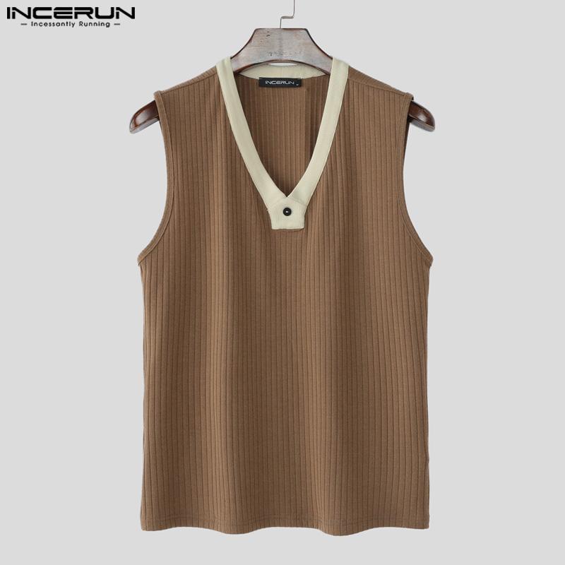 INCERUN Men V Neck Sleeveless Patchwork Rib Casual Tank Tops Undershirts