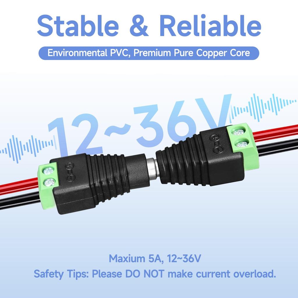 10 Pairs (10 X Male + 10 X Female) 12V 5.5mm X 2.1mm DC Power Jack Plug Adapter Connector for LED Strip, CCTV Security Camera, and More