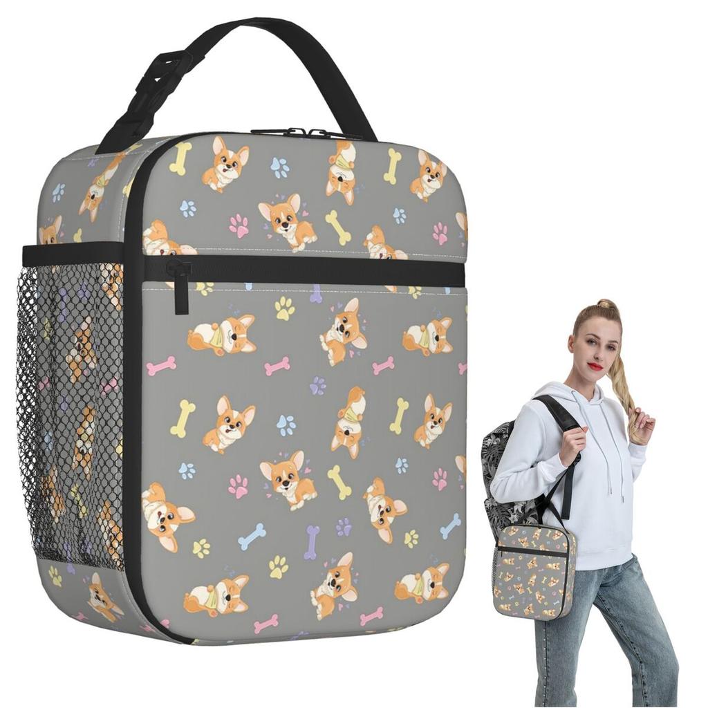 Cute Corgis And Footprint Pattern Insulated Lunch Bag for Women Children Leakproof Food Boxes Thermal Lunch Box Tote