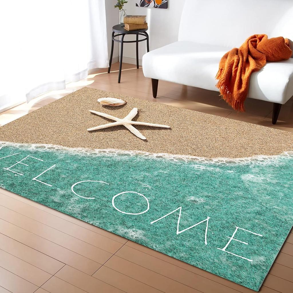 Ocean Area Rugs Beach Rug, Coastal Nature Theme Teal Carpet Boys Girls Hawaiian Sea Wave Animal's Shell Starfish Rug for Bedroom