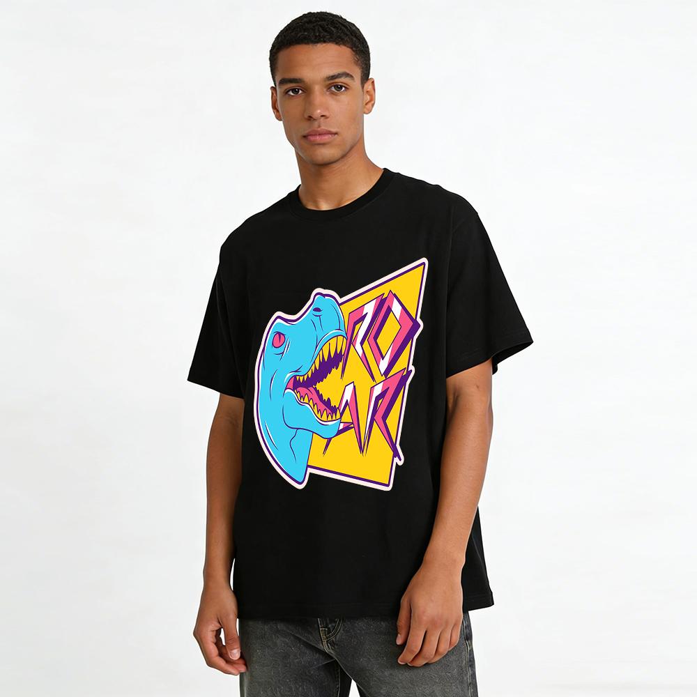 Roaring T-Rex Print Short Sleeve Unisex Retro Trendy Street Style Loose Casual Crew Neck T-Shirt Pure Cotton T-shirt