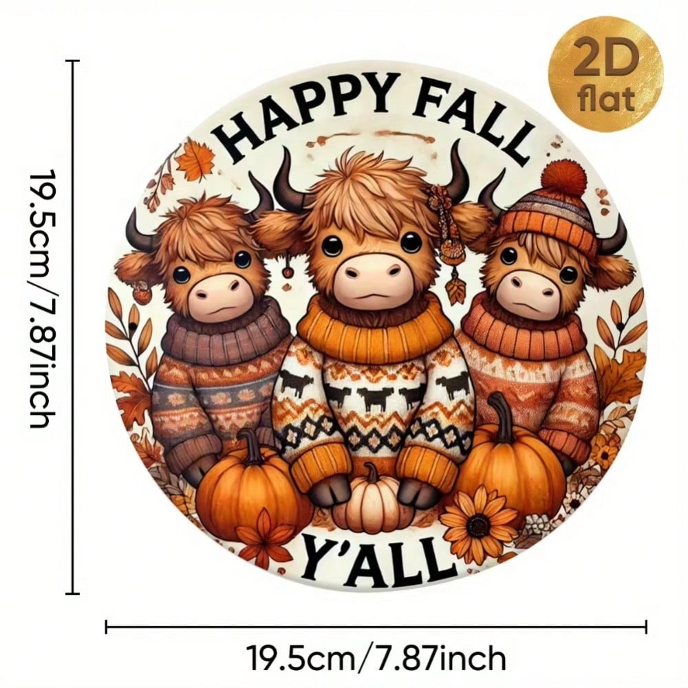 Vintage Happy Fall Yall Highland Cow Wreath Round Iron Wall Art Decor for Bar Cafe Porch Home 20x20