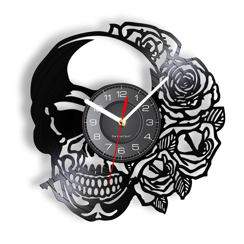 Schädel-Kopf-Vinyl-Schallplatten-Wanduhr im Alter von Skelett-Kopf-Wanduhr, Skelett-Vampir-Männer, Halloween-Dekor, Wandbehang-Uhr