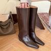 In Stock: Women's Coffee Brown Square Toe Boots with 5cm Hidden Heel - Stylish Autumn Design for Long, Straight-Looking Legs.
