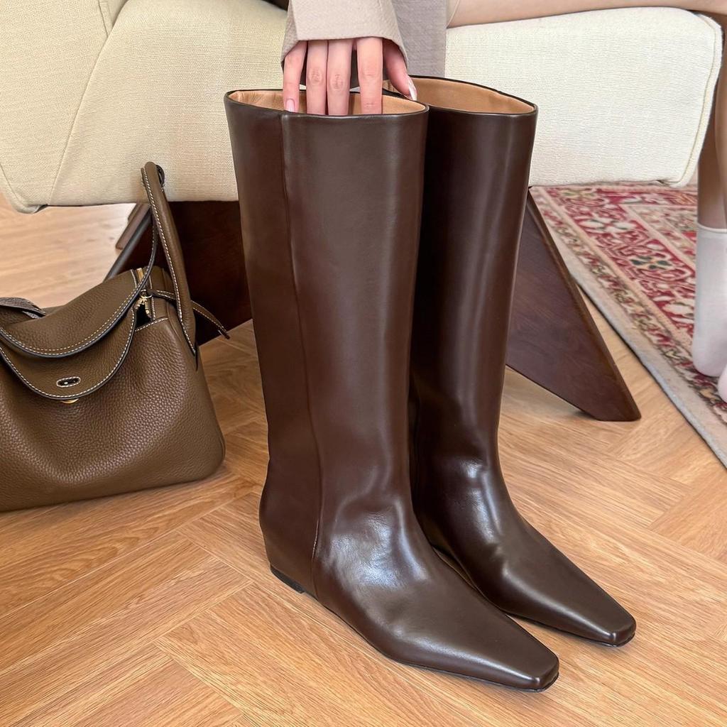In Stock: Women's Coffee Brown Square Toe Boots with 5cm Hidden Heel - Stylish Autumn Design for Long, Straight-Looking Legs.