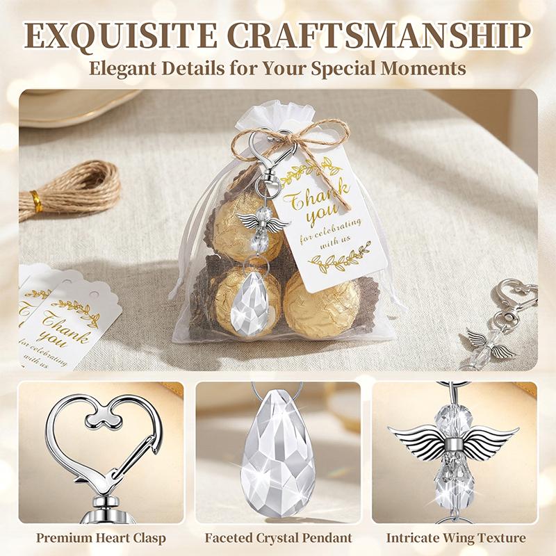 Angel Wing Pendant Keychains 20 Set White Crystal Angels for Baby Shower Favors and Wedding Supplies