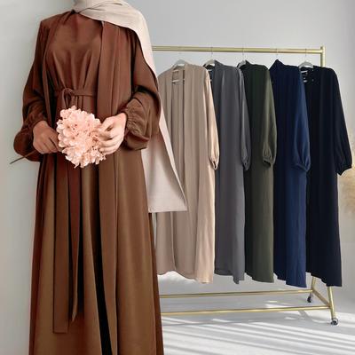 Conjunto de Abaya Tejido Arrugado Abaya Abierta Vestido Largo Interior Ropa Vestidos Conjunto Mujer Musulmana Caftán Eid Pañuelo para la Cabeza
