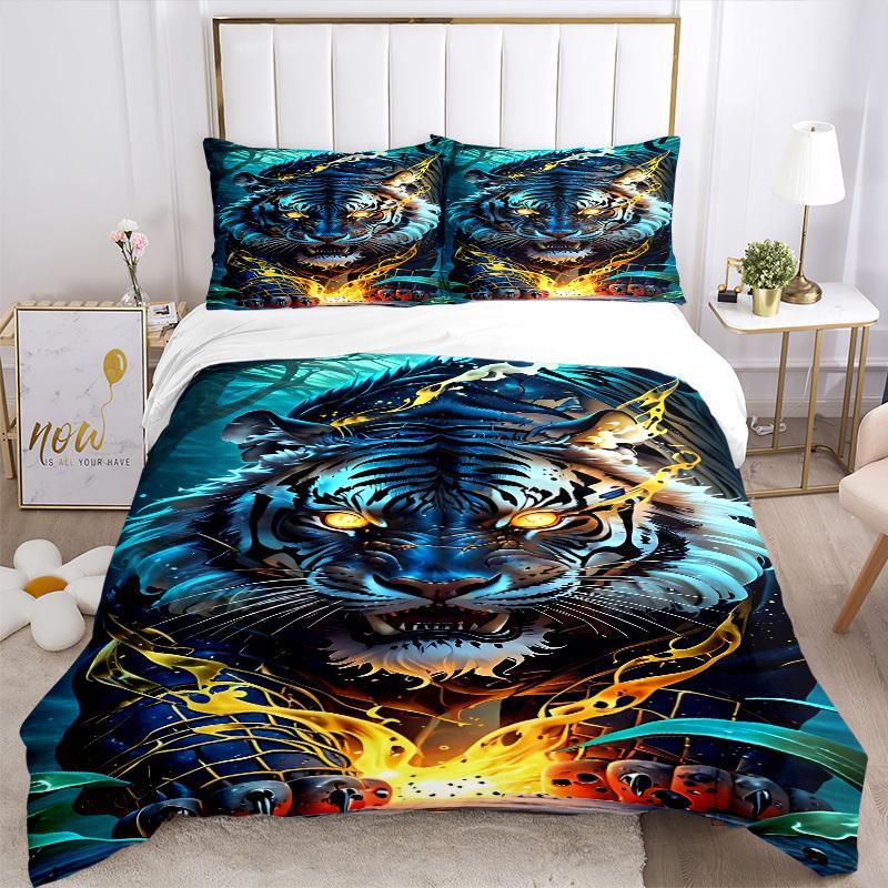 3PCs Tiger Print Design Cover Set, Breathable Fabric, Machine Washable (1 Duvet Cover + 2 Pillowcases) (Without Quilt) yy250911155