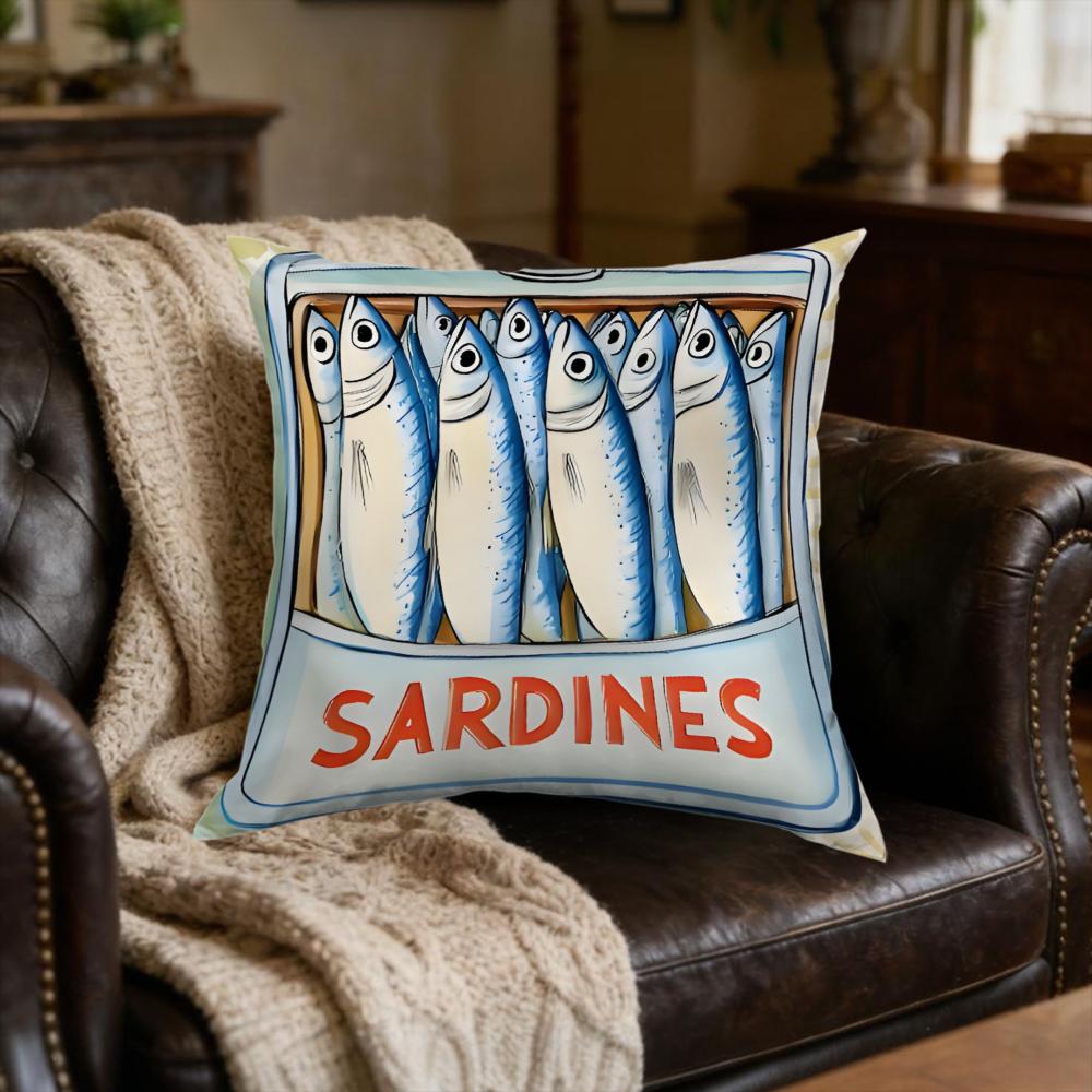1pc Retro Sardine Can Illustration Cushion Cover Blue White Fish Print Living Room Sofa Bed Decor Soft Breathable