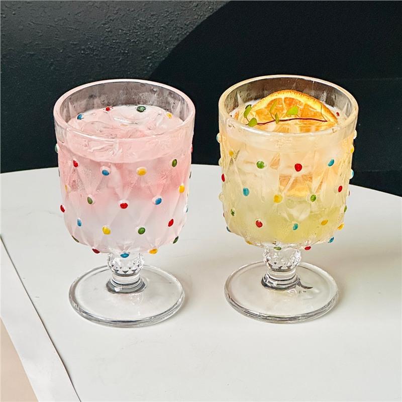 Europäische Retro Hohe Glasbecher auf Fuß, Bemalte Polka Dot Whiskeygläser, High-End Brandy Champagner Weingläser Barzubehör