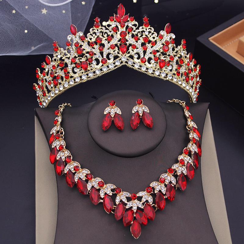 Luxury Green Crystal Flower Tiaras Crown Sets for Queen Pageant Necklace Earring Sets Wedding Dress Bridal Jewelry Set for Women
