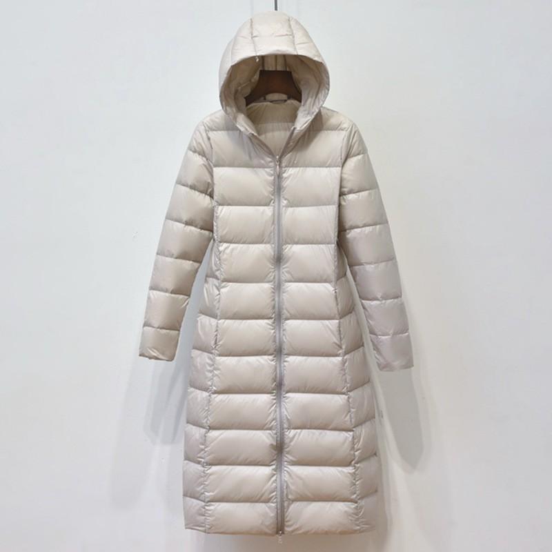 Womens Lightweight Long Down Coat With Hood Slim Fit Knee-Length Duck Jacket Winter