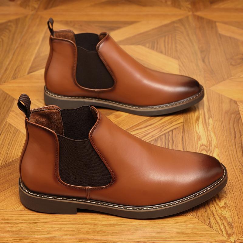 2025 new autumn and winter large size Chelsea boots double elastic men's short boots business dress pointed middle help leather boots