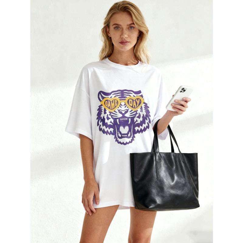 Nadměrné tričko Černé Fialové Tygří Se Srdcovými Slunečními Brýlemi Potisk Game Day Neformální Oblečení Pro Ženy