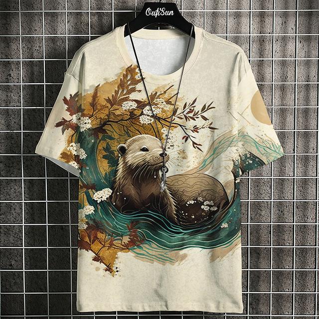 3D Ukiyo-E Animal Print Men's T-Shirt Summer Casual Oversized Short Sleeve T Shirt for Men Fashion Man Clothing Vintage Tee
