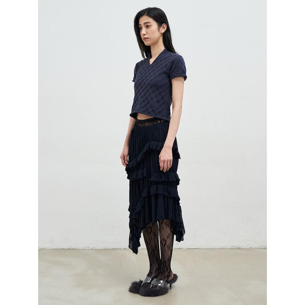 Anggae Cable Slit Neck Shortsleeve Pullover Navy