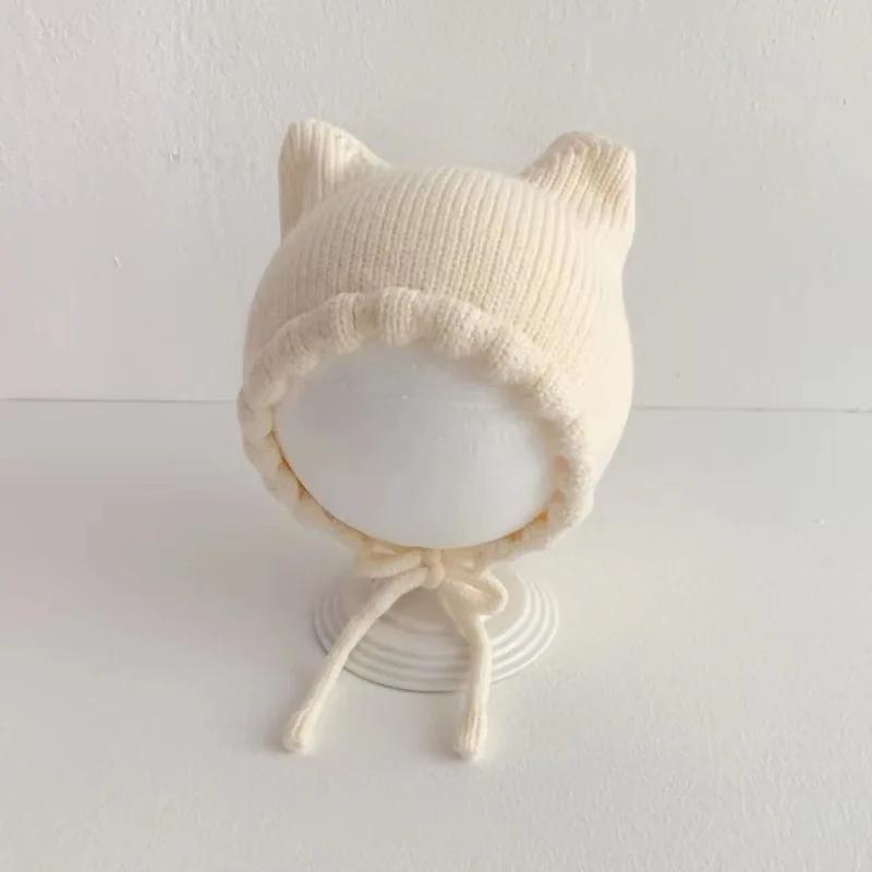 Vinter Tegneserie Baby Strikkelue Ensfarvet Varm Ørebeskyttelseslue for Spedbarn Bonnet Småbarn Barn Gutt Jente Beanie Luer