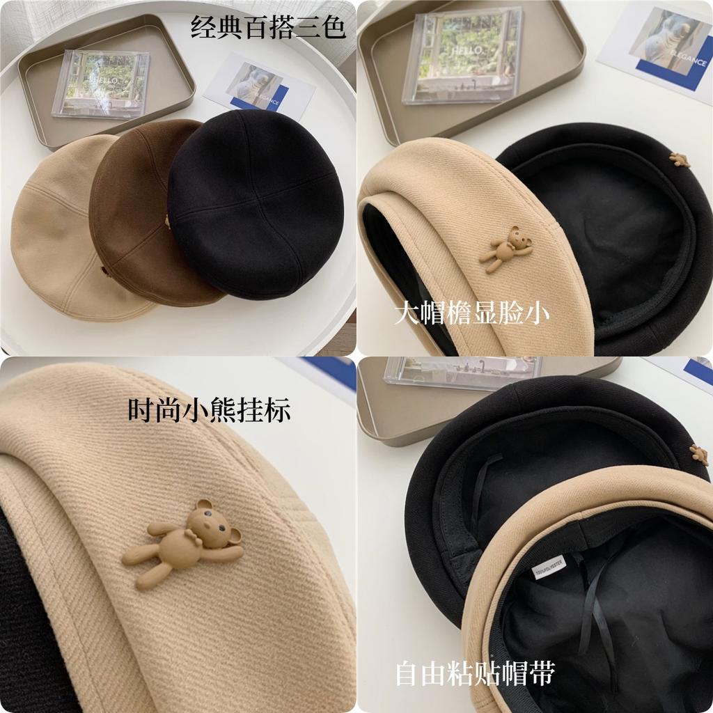 Japanese Retro Woolen Beret Female Face Small Korean Versatile Cartoon Bear Fashionable Temperament Painter Hat