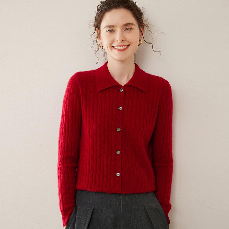 Women's Cable Knit Cashmere Cardigan - Polo Collar, Buttoned, College Style, Fall/Winter Layer