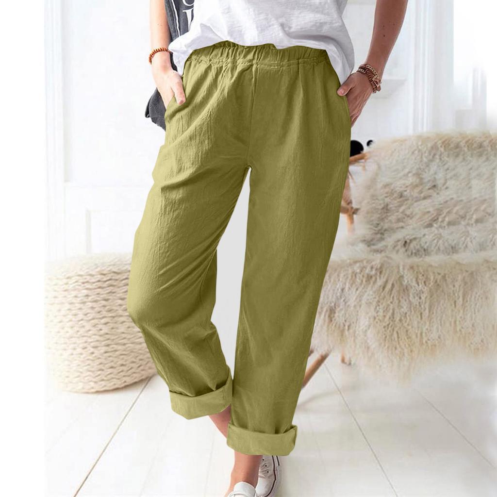 Damen Leinen Weite Hosen Elastischer Bund Lässige Lockere Hosen mit Taschen Leichte Alltags Hosen