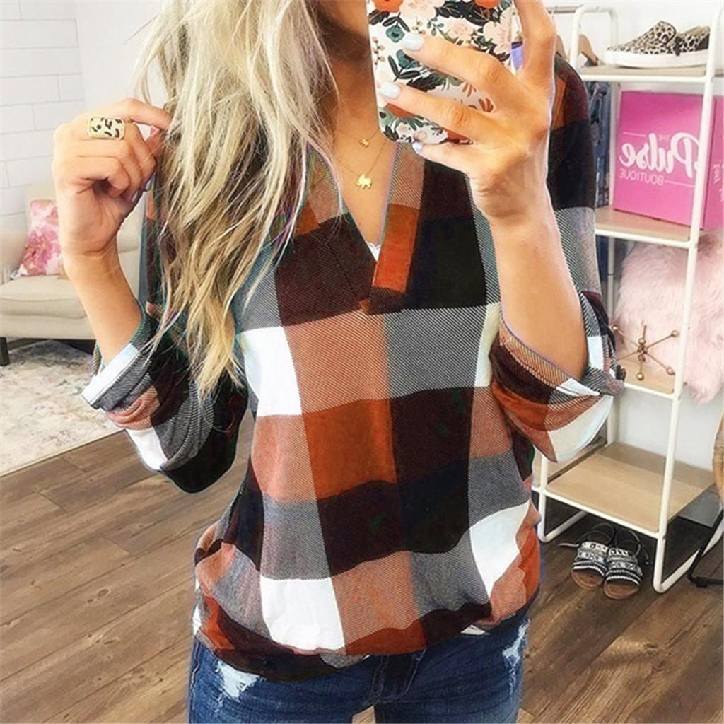 Maglietta a maniche lunghe da donna, casual, con scollo a V, a quadri, aderente, lunga