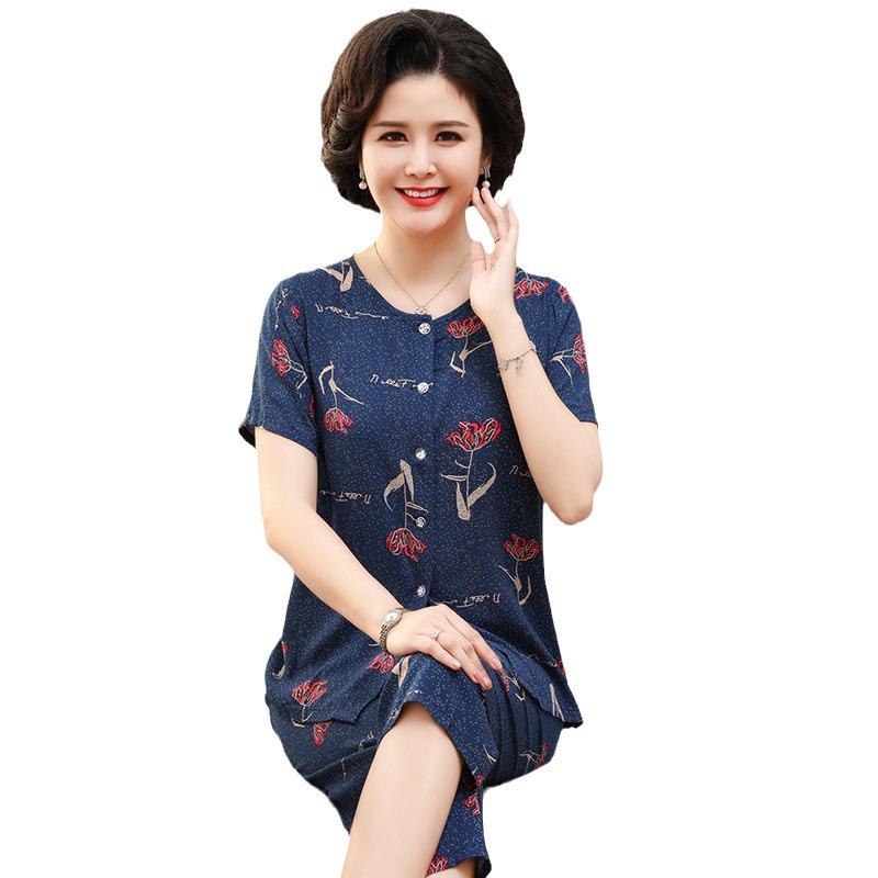 Women's Cotton Silk Short-Sleeve Pajama Set for Middle-Aged and Elderly