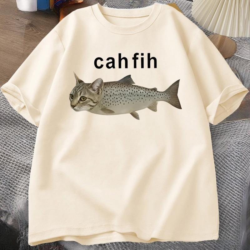 T-shirt Cah Fih T-shirt Fih Poisson Mal Orthographié Mème Poisson Chat et Poisson Graphique Humoristique T-shirt Décontracté Coton Manches Courtes Vêtements Hauts