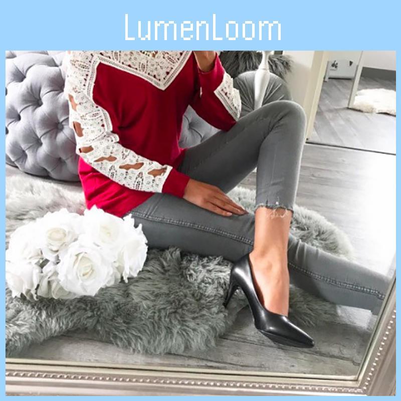 Elegant Sexy Lace Stitching Off Shoulder Crochet Blouse With Hollow Long Sleeves