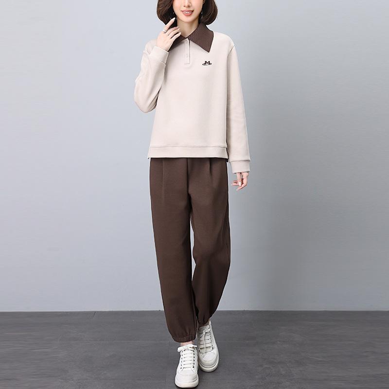 Autumn Women's Casual Sportswear Set: Wide-Leg Pants & Lapel Sweatshirt