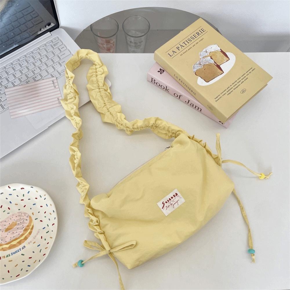 Candy Color Bow Tote Bag Drawstring Canvas Shoulder Bag Casual Pleated Dumpling Bag Travel жёлтый