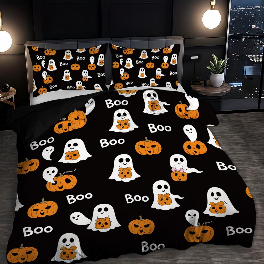 3-piece Halloween themed black cute ghost pattern duvet cover set, 1 duvet cover+2 pillowcases, coreless