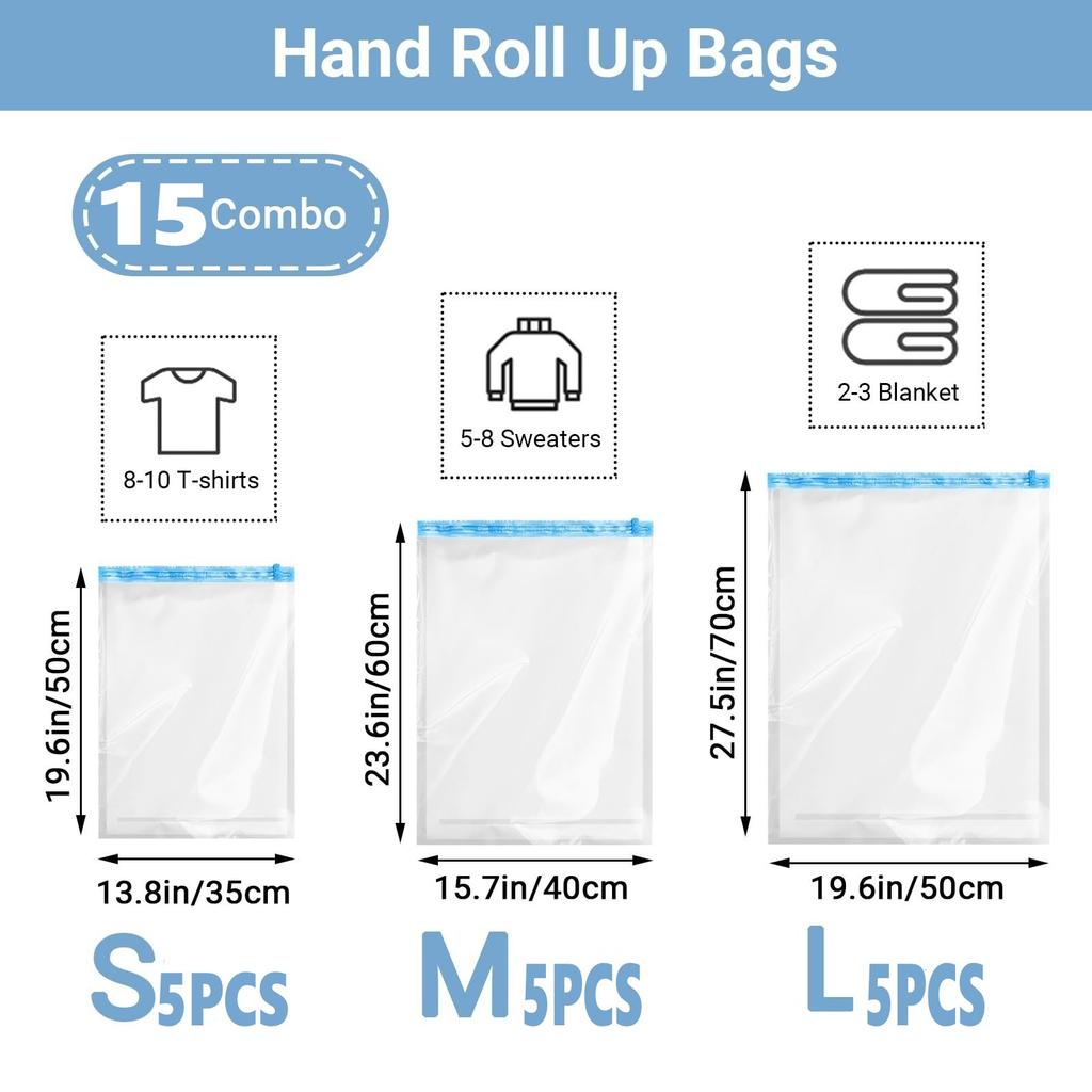 5 Packs Roll-up Storage Bags, Travel Compression Bags Reusable Space Saver Bags Vacuum Storage Bags for Clothes Organizer