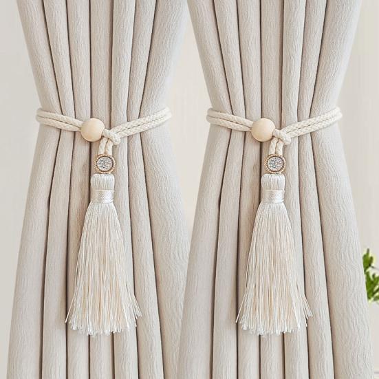 Bohemian Curtain Tiebacks Handwoven Rope with Tassels & Wood Beads Decorative Window Holdbacks for Living Room Bedroom Home Decor