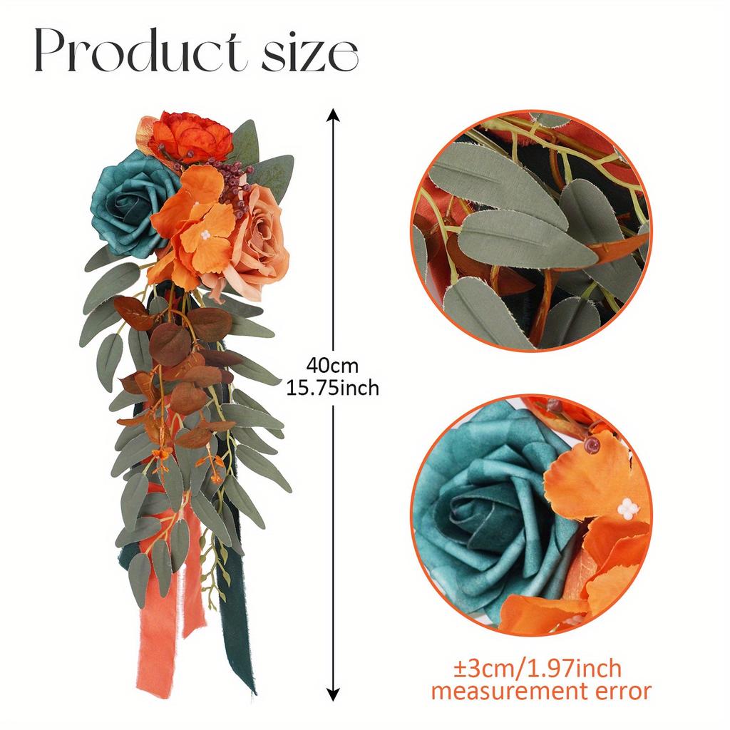 2pcs Burnt Orange Wedding Artificial Aisle Pew Flowers Chair Decorations Arrangements with Chiffon Ribbons for Ceremony Chair Back Floral Decor