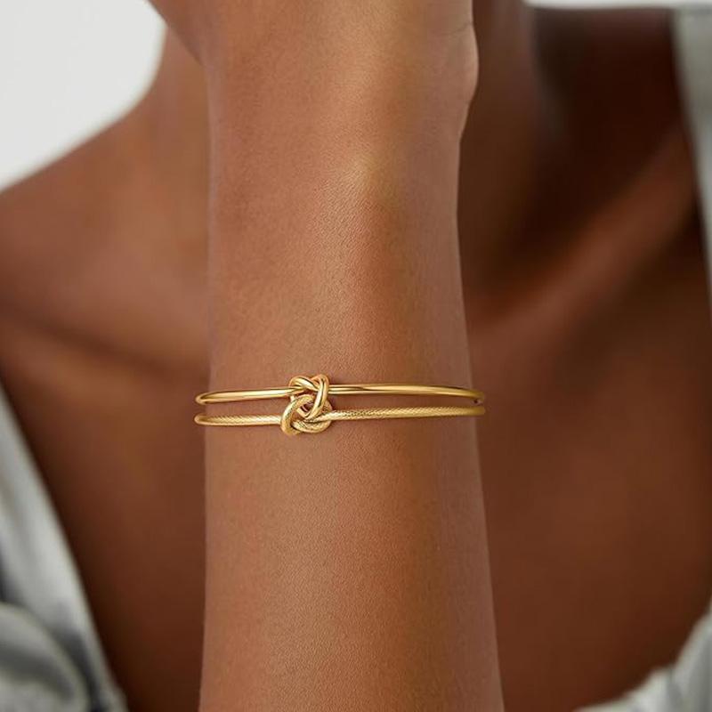

Knot Double Layer Bangle Bracelets for Women Dainty 18K Gold Plated Adjustable Open Love Knot Cuff Bracelet Jewelry Gifts