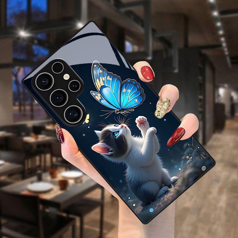 Cat and Blue Butterfly Dreamy Pattern Phone Case Suitable for Samsung Galaxy S26 S25 S24 S22 S21 S20 FE/Ultra/Plus Dustproof
