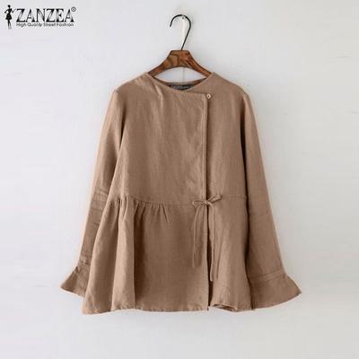 Women Casual O-neck Long Sleeve Cotton Blouse