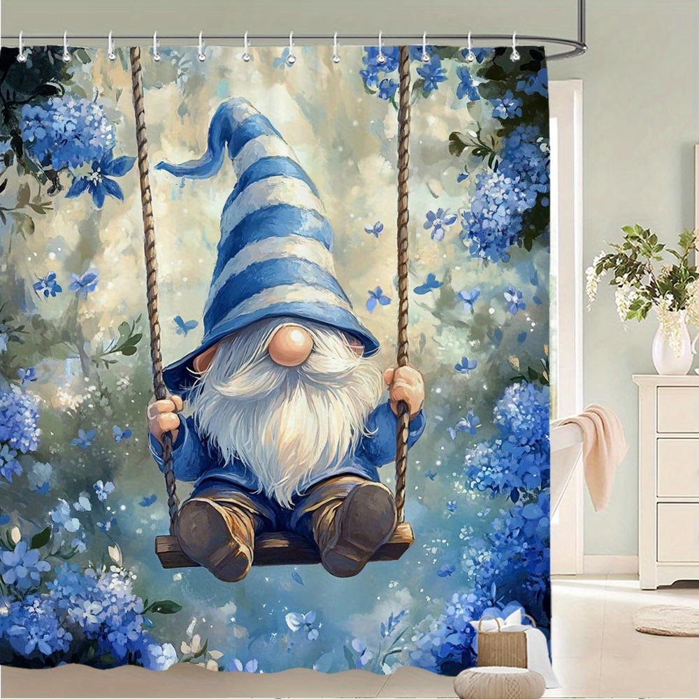 

Charming Gnome on Swing Waterproof Mildew-Resistant Shower Curtain - Blue Floral Design for a Whimsical Bathroom Décor W90XH180cm