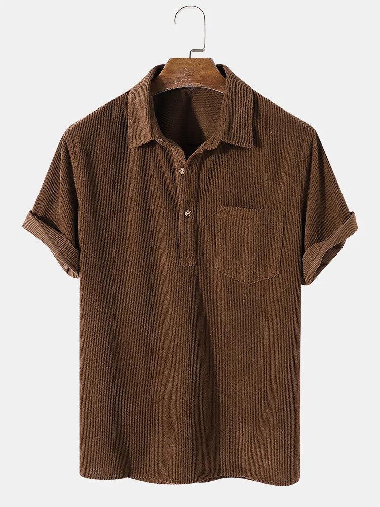 

2026 Men s Casual Loose Corduroy Lapel Short Sleeve Shirt S коричневый