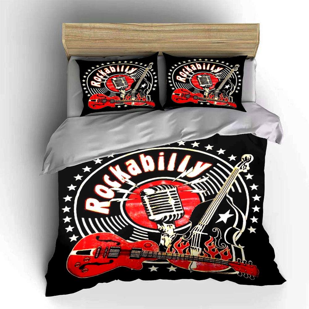 Rockabilly Music Retro Design Bedding Duvet Cover Set Duvet Cover Pillowcases (1*Duvet Cover 2*Pillowcases, without duvet insert)