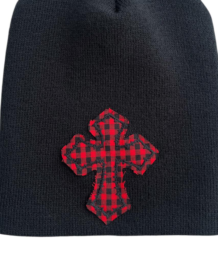 SK8ER ROCK Cross Patchwork Beanie ((Check*Black))